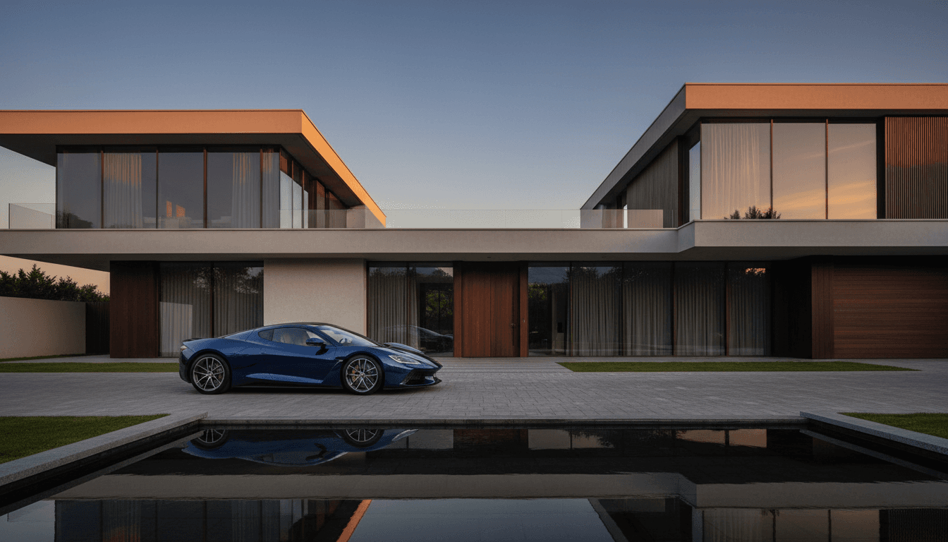 Exotic sports car parked in front of luxury mansion at golden hour
