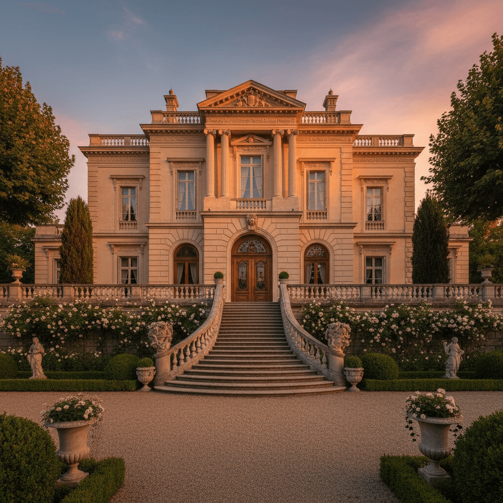 Luxury mansion exterior at golden hour