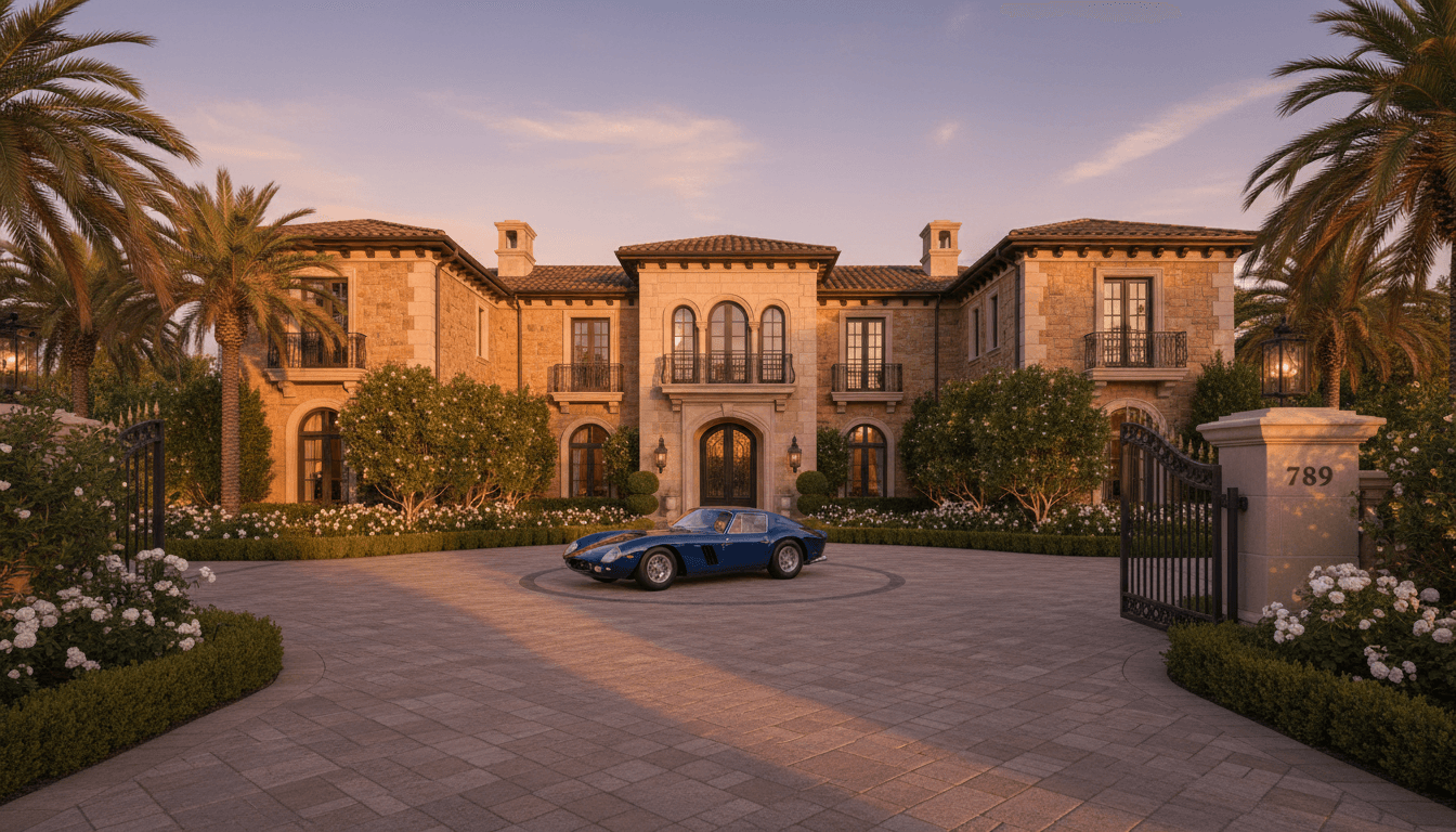 Luxury mansion with exotic car positioned in circular driveway at sunset