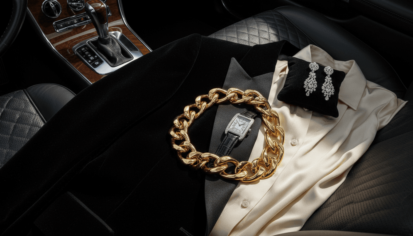 Designer jewelry and apparel styled on luxury car interior
