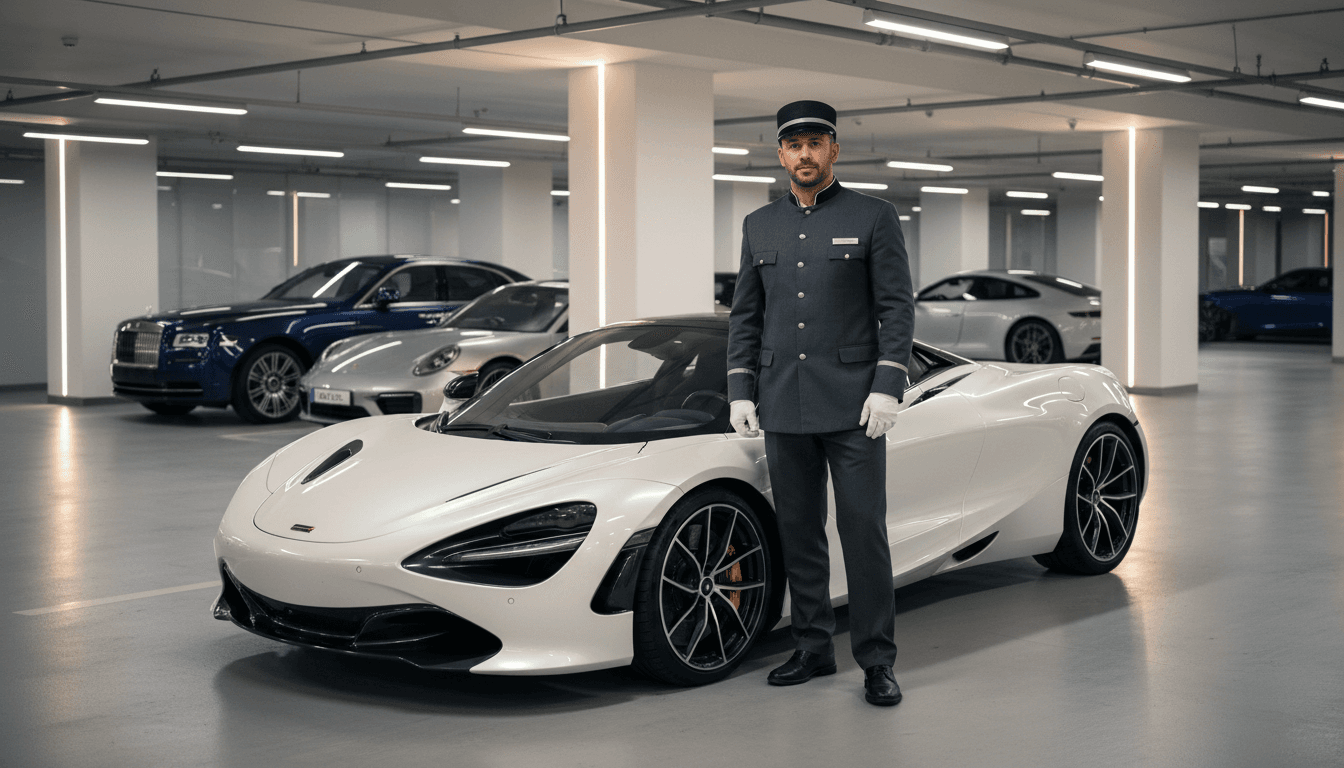 Professional driver beside exotic rental vehicle