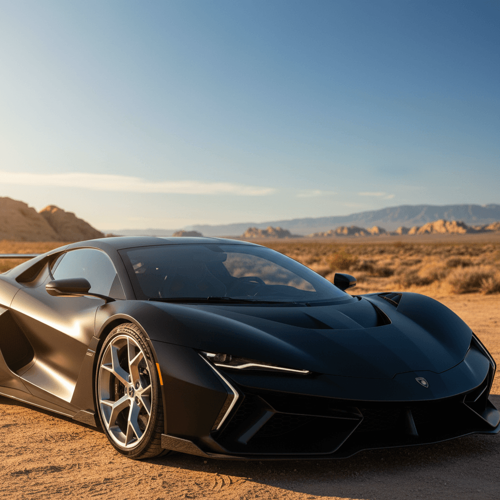 Black exotic supercar in desert setting
