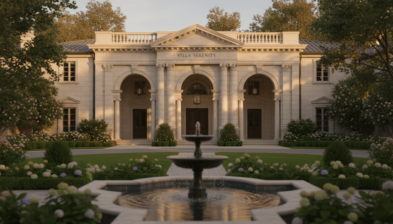 Luxury mansion exterior in golden hour light