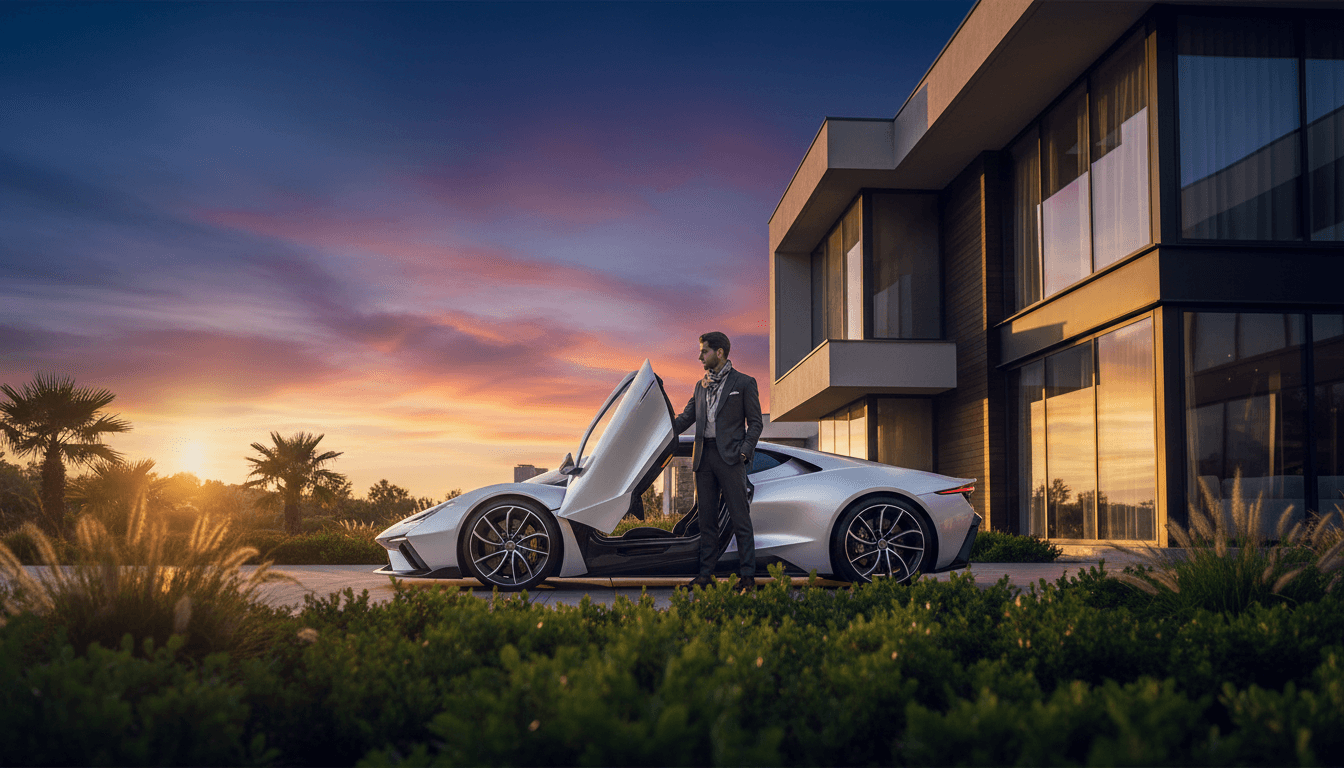 Luxury exotic car parked in front of an upscale mansion with a professional driver ready to serve