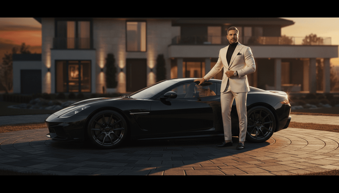 Luxury exotic car and designer apparel showcase at upscale mansion location