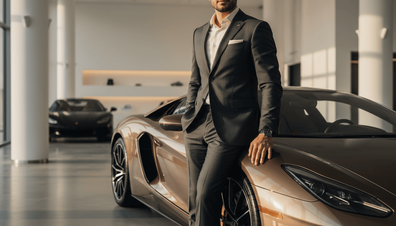 Professional driver standing beside luxury exotic car