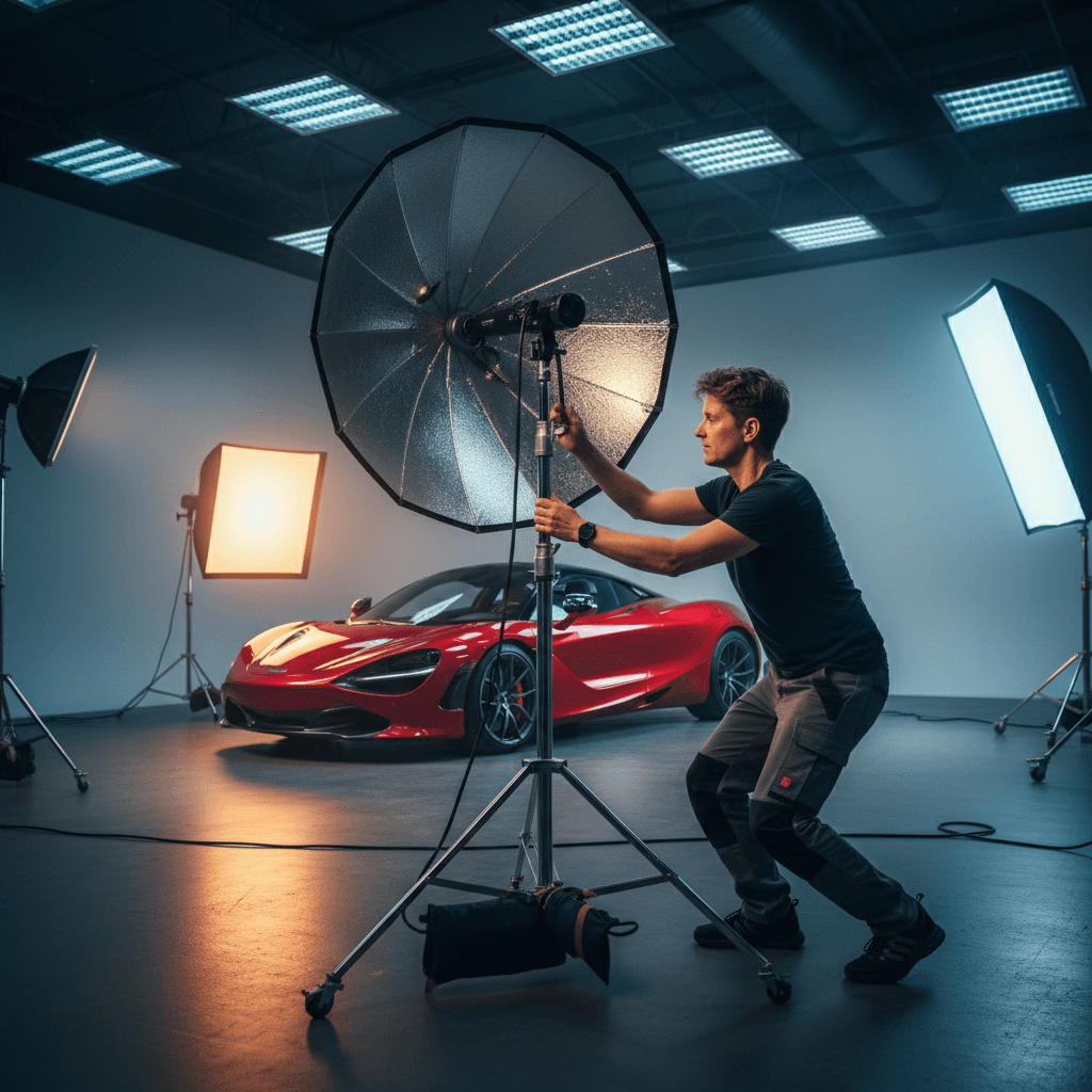 Professional photographer setting up exotic car shoot
