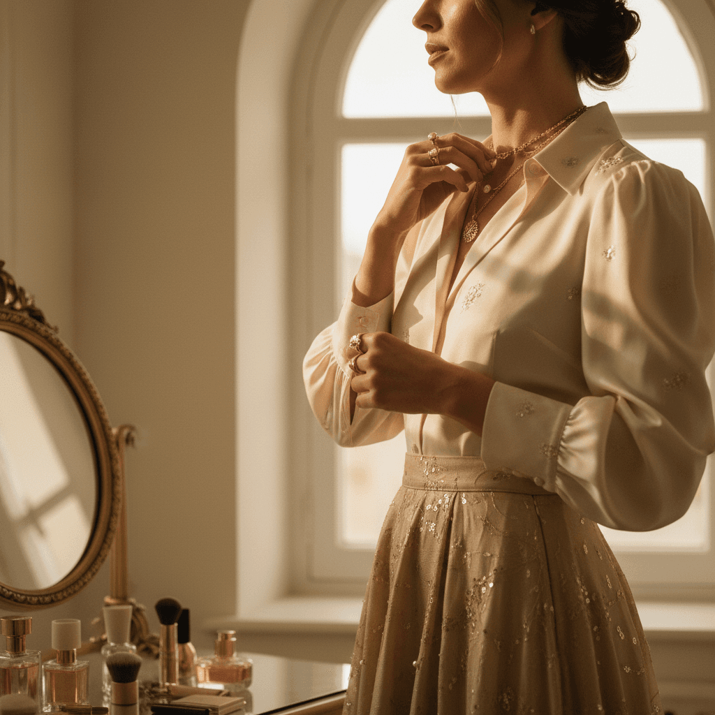 Woman modeling designer apparel and jewelry