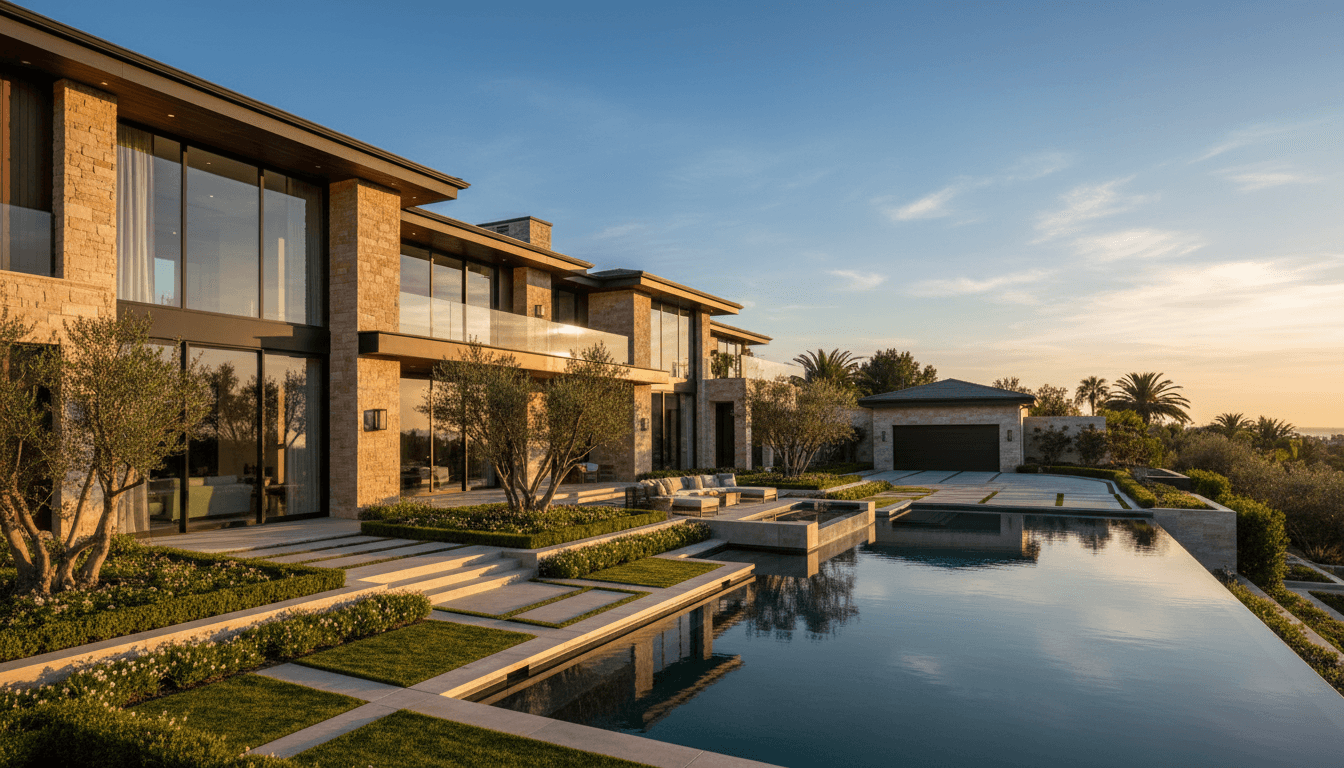 Luxury mansion exterior in golden hour light showcasing architectural elegance and grounds