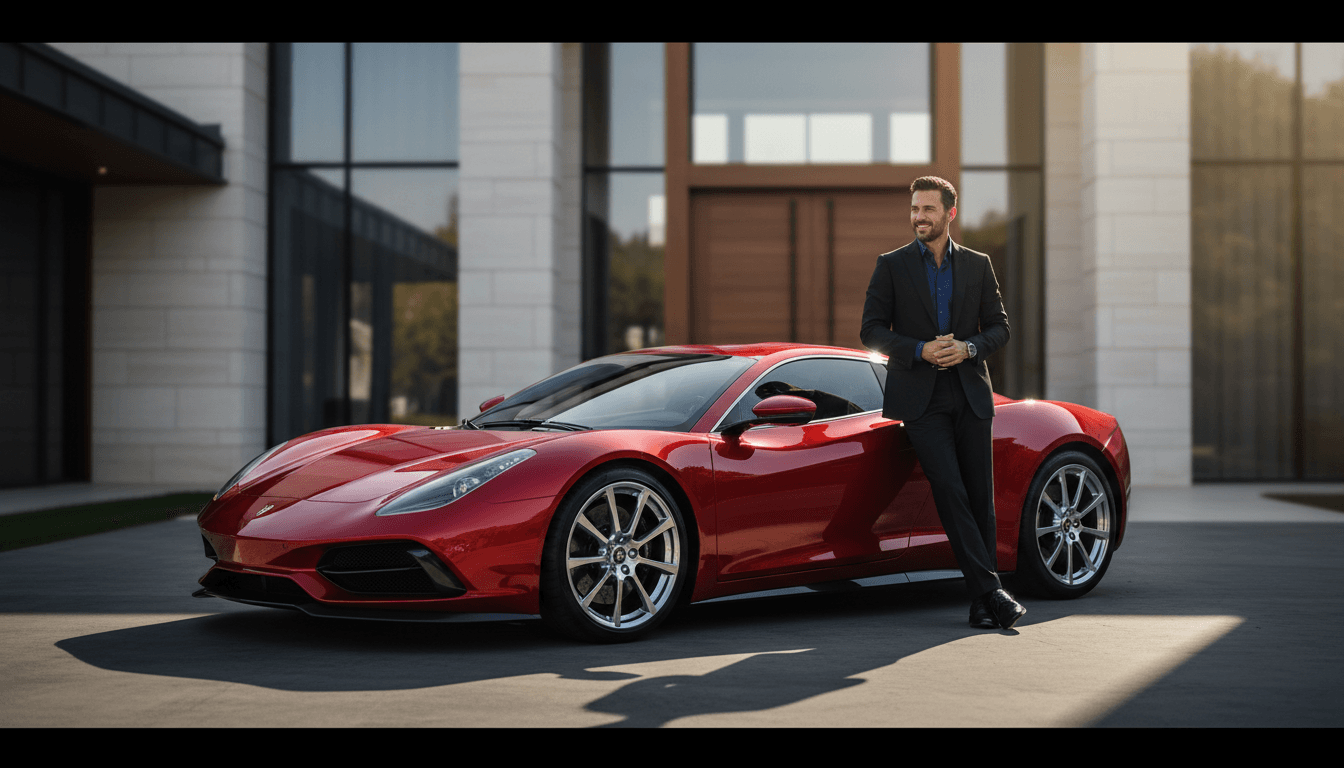 Luxury exotic car parked in front of an elegant mansion with well-dressed client standing beside it