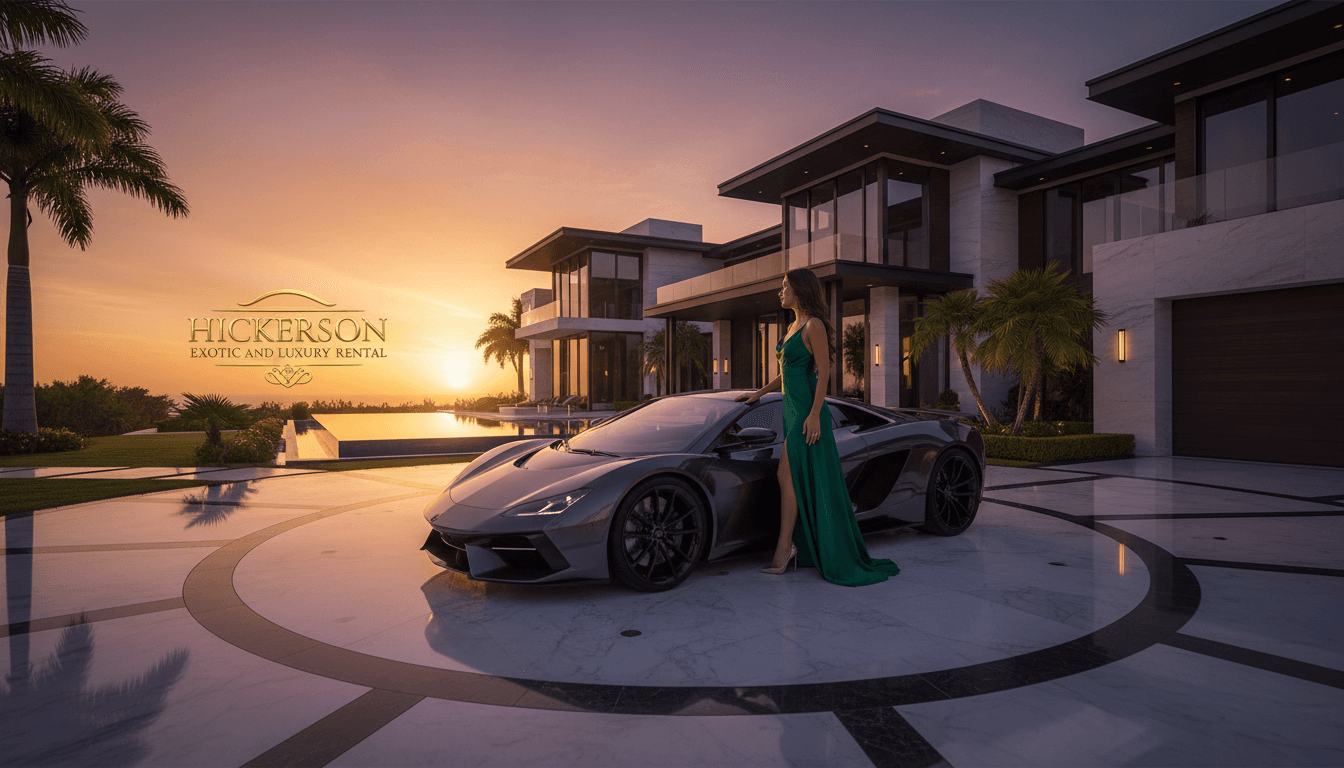 Exotic luxury car parked in front of a stunning modern mansion at sunset