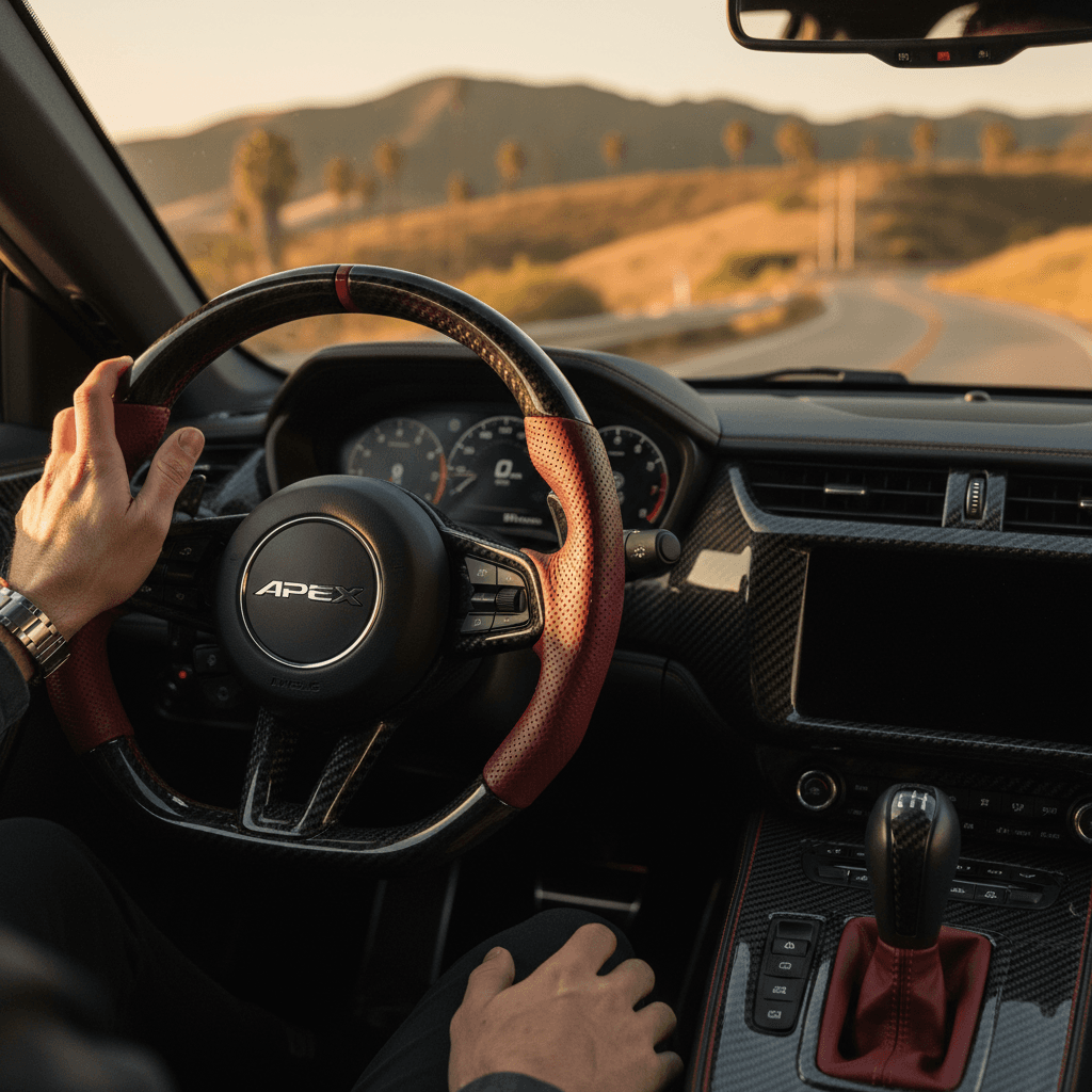 Hand on exotic car steering wheel