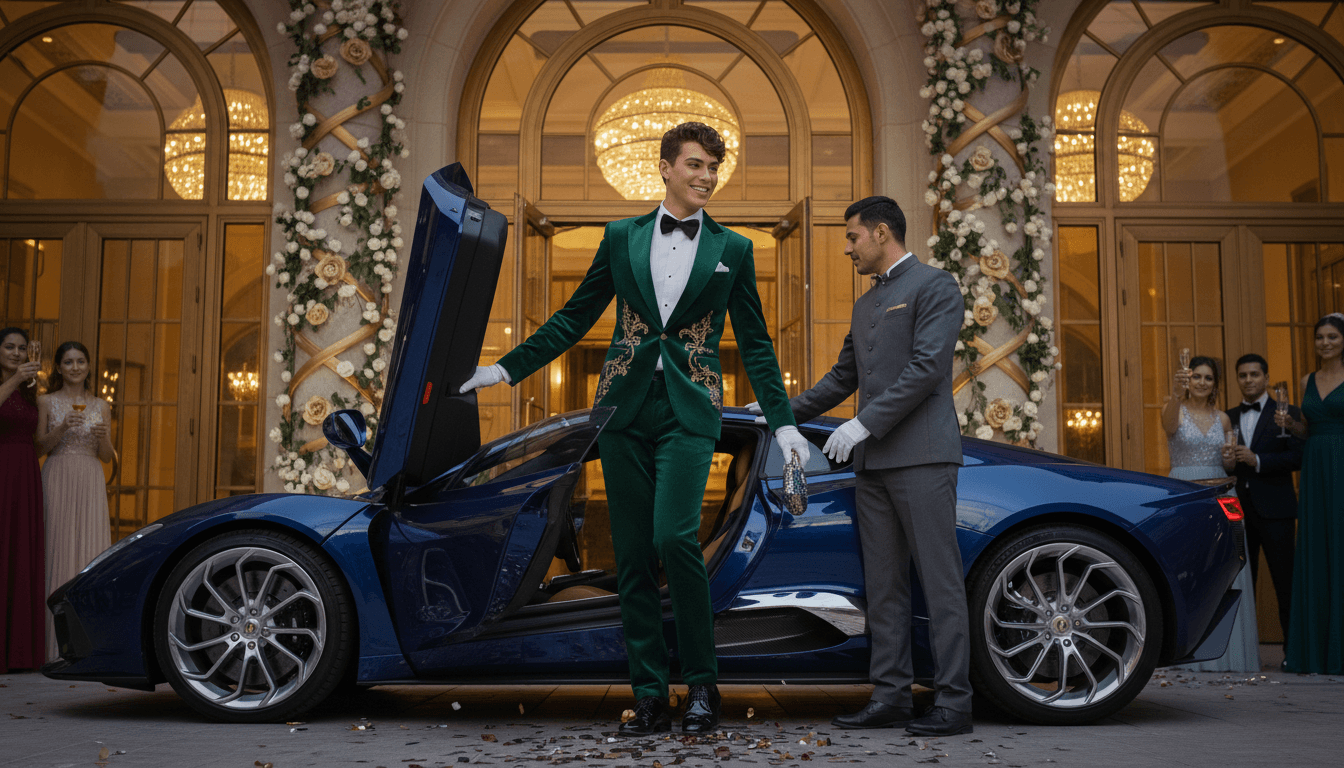 Prom attendant exiting exotic car with professional driver service