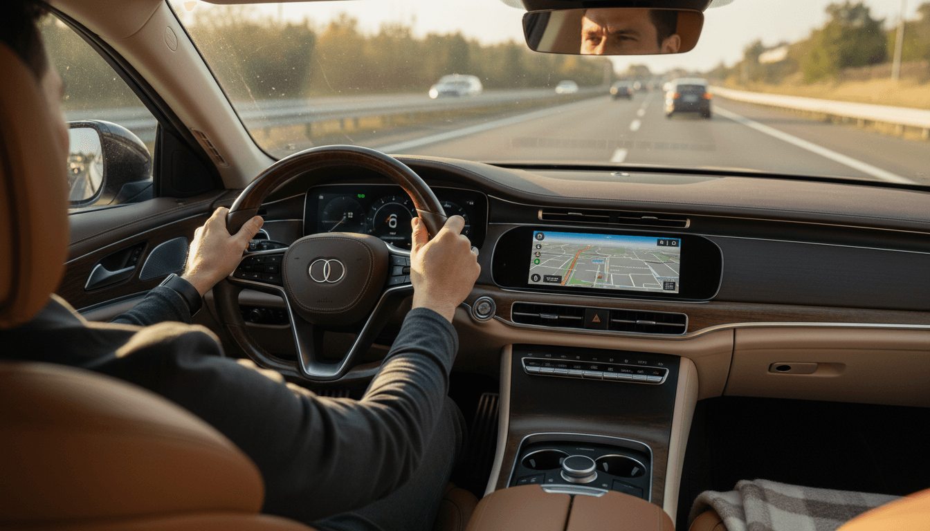 Professional driver at steering wheel in luxury vehicle interior during daytime drive