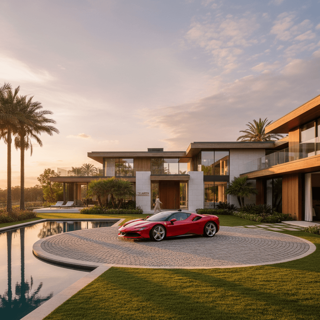 Luxury mansion with exotic vehicle in driveway