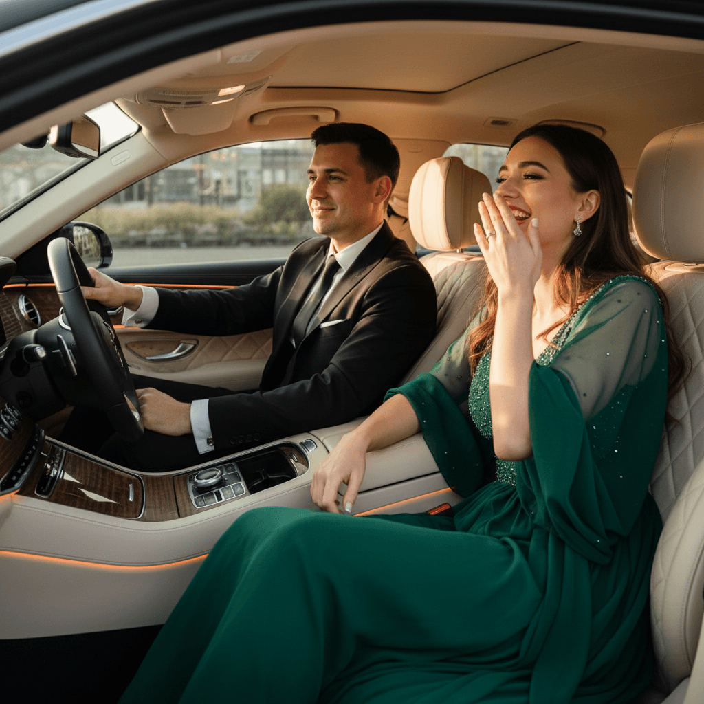 Couple enjoying luxury driver service during special event