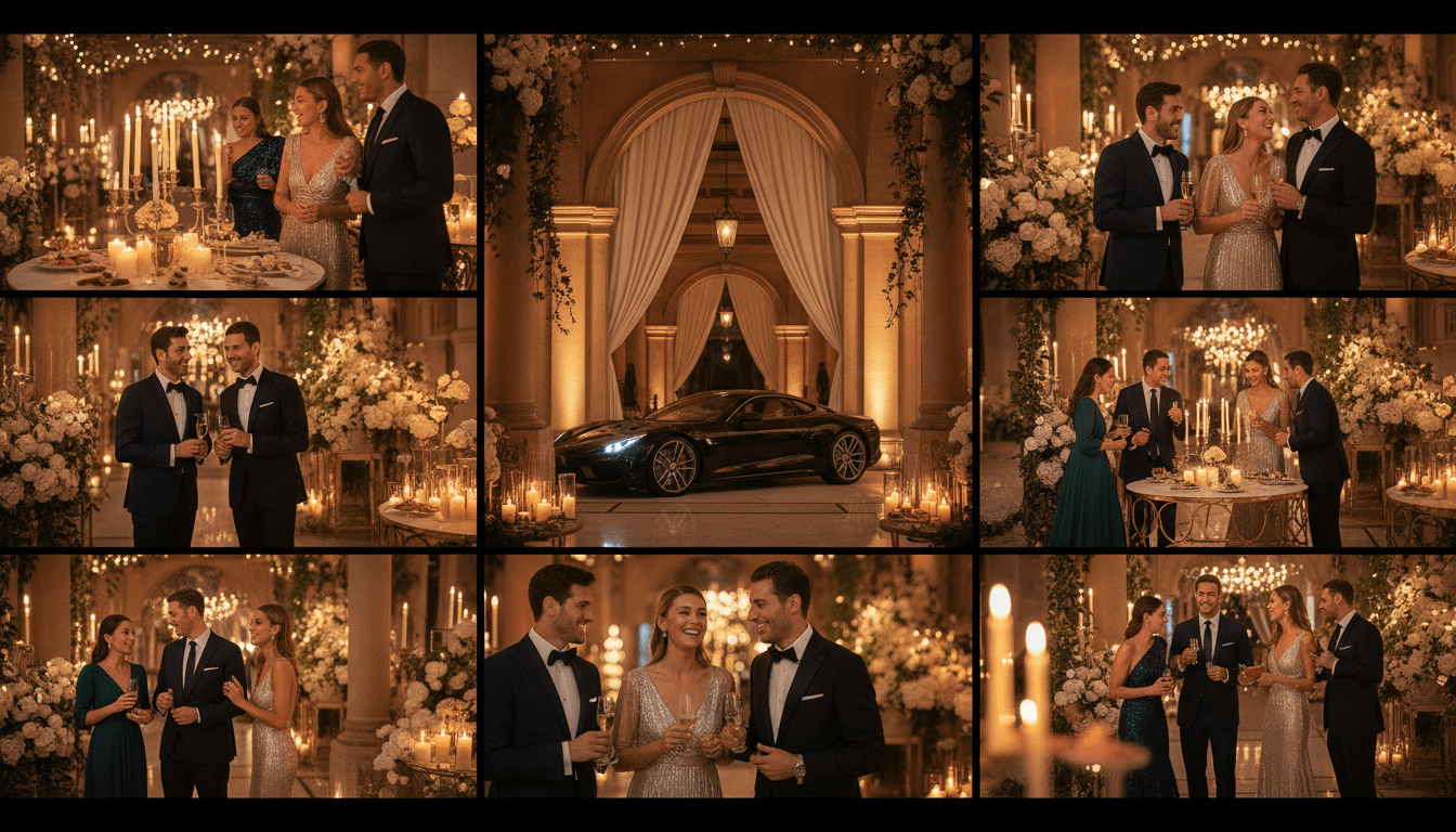 Luxury celebration event scene with well-dressed guests enjoying premium setting and atmosphere