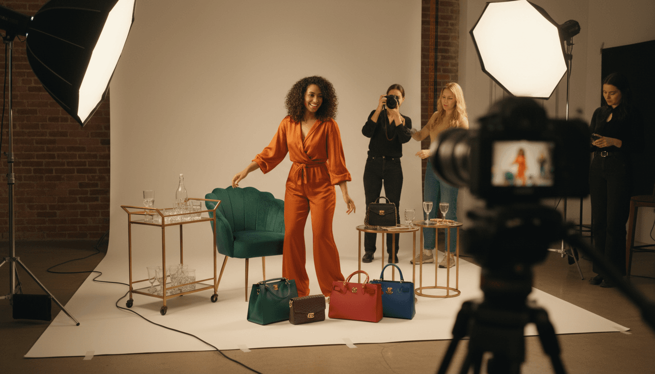 Content creator during professional photo shoot with luxury rental items in styled environment