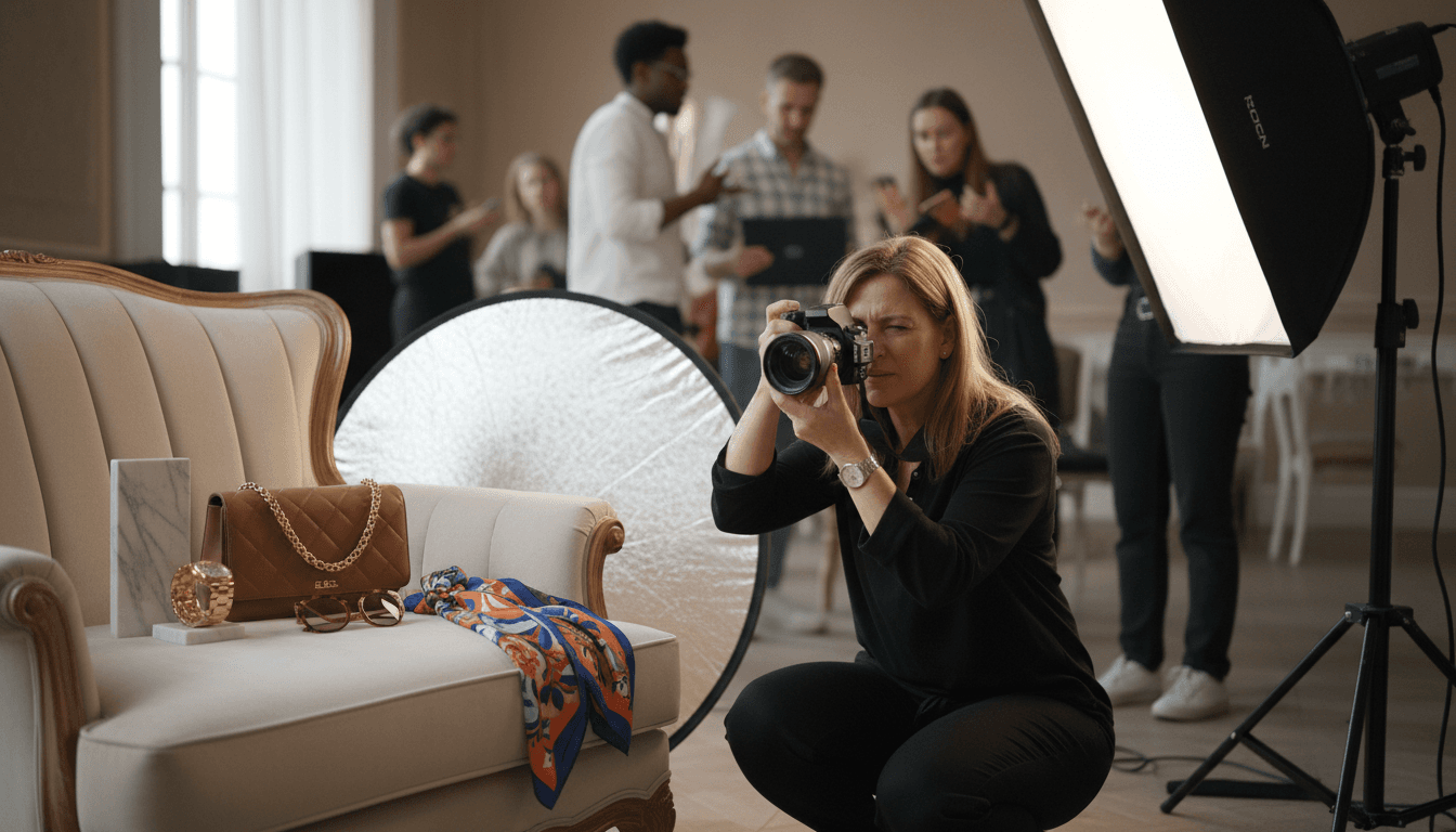 Professional photographer conducting luxury rental photo shoot