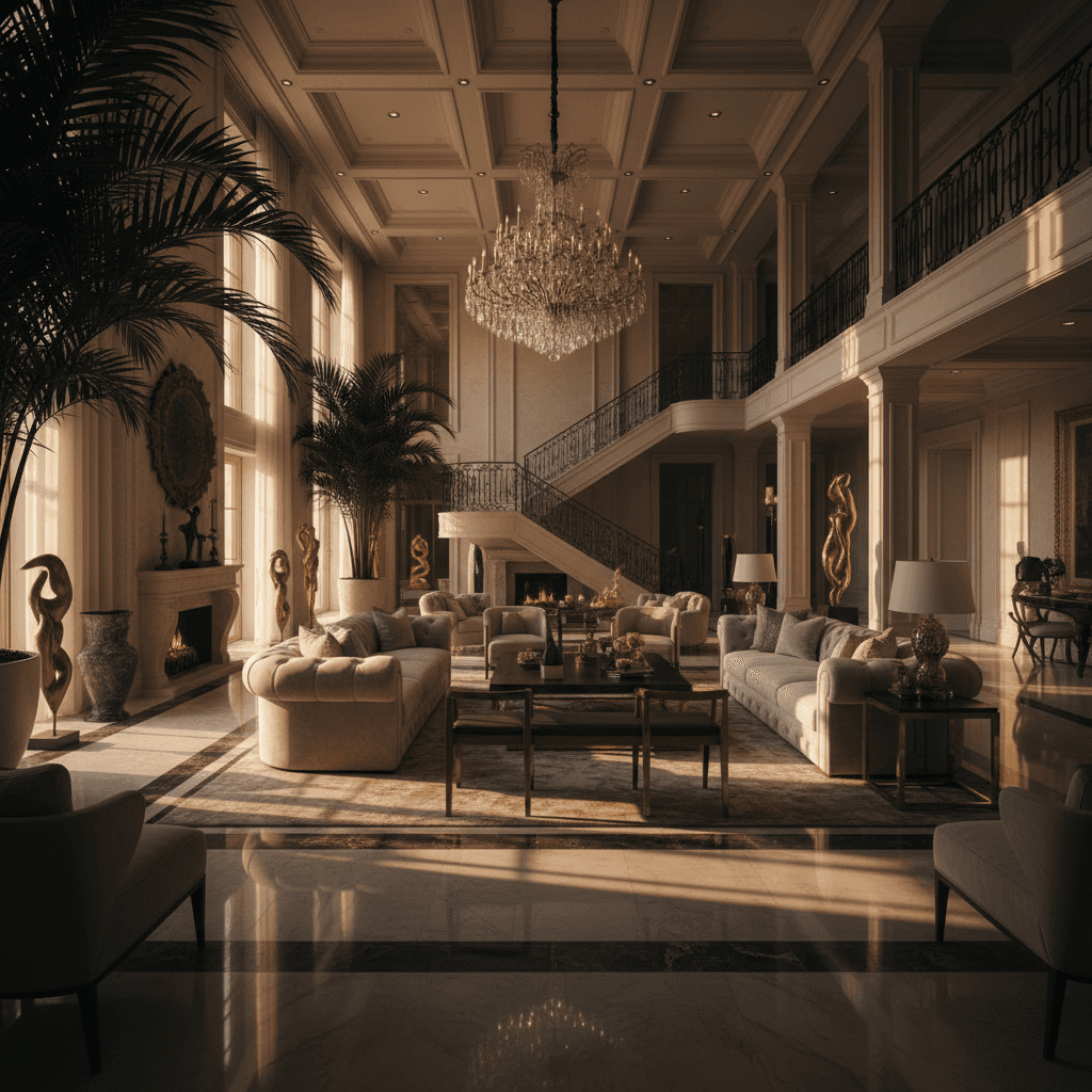 Luxury mansion interior with golden light