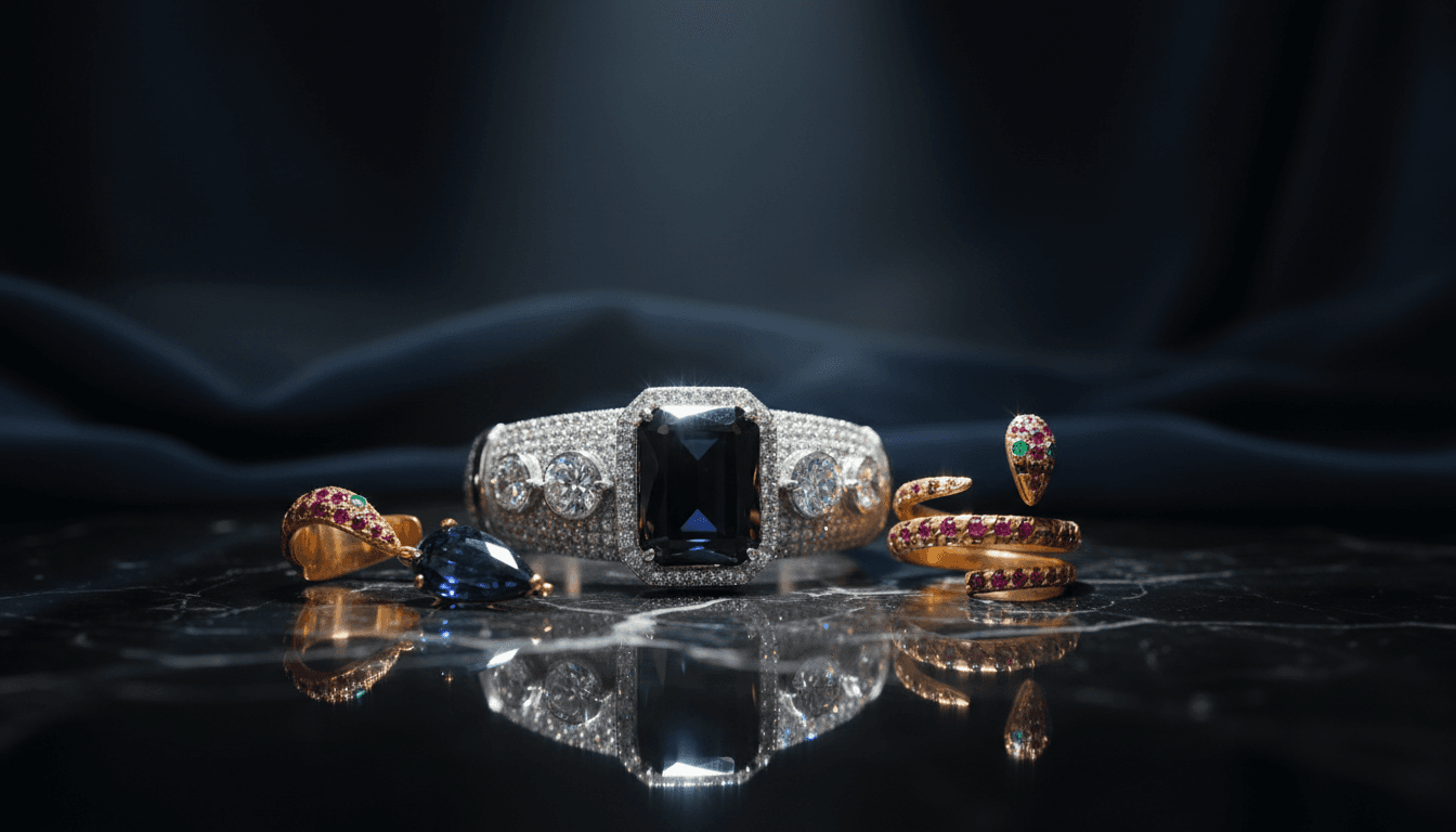Fine jewelry in dramatic spotlight lighting showcasing gemstone brilliance and metalwork detail
